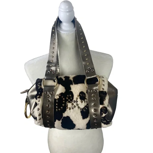 VTG Dolce Gabbana D G calf hair Y2K Cow print Metallic Shoulder Bag rare Studded